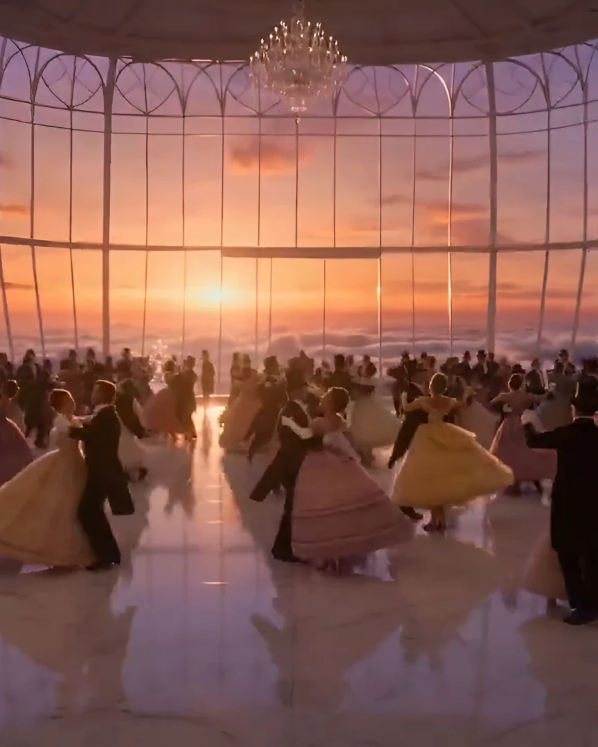 The glass hall at sunset, couples dancing under the crystal chandelier