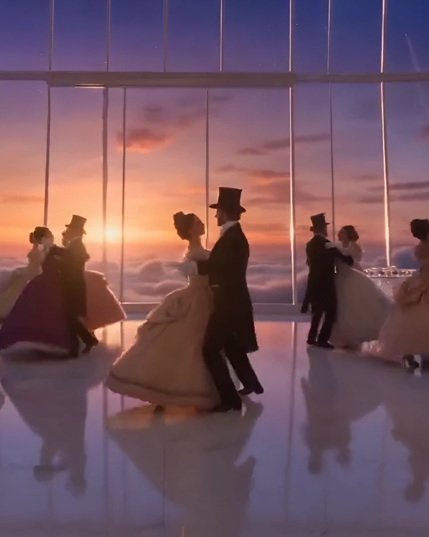 Couples in evening dress dancing in the glass hall, the sunset over the clouds behind them