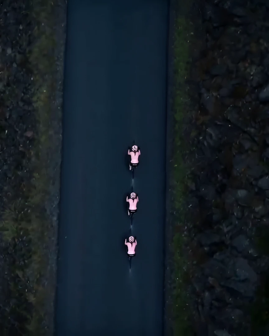 Three riders with lights in a line on a dark road through the forest, seen from straight above