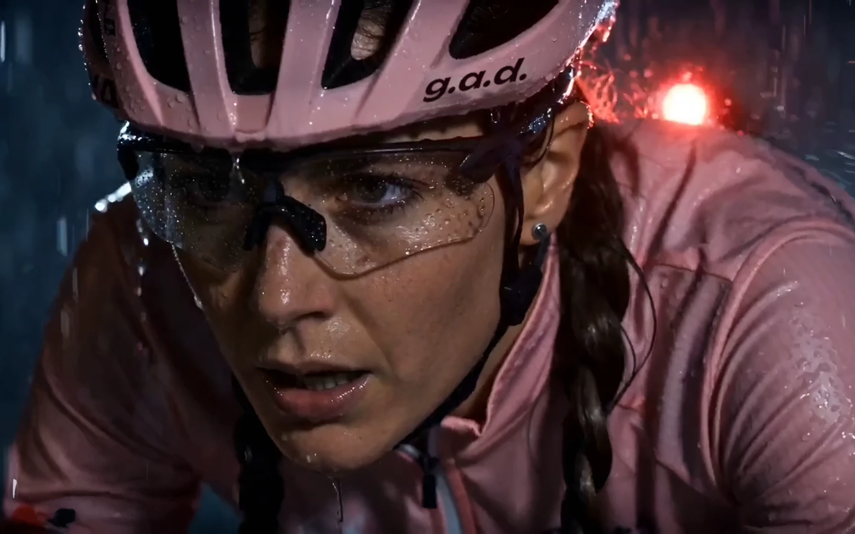 Close-up of the rider at night, rain on her face, g.a.d. printed on her pink helmet