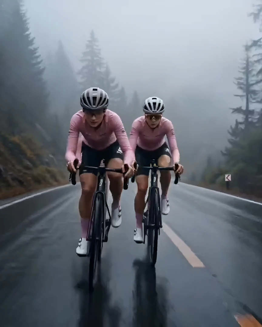 Two riders in pink kit side by side on a wet mountain road in the fog
