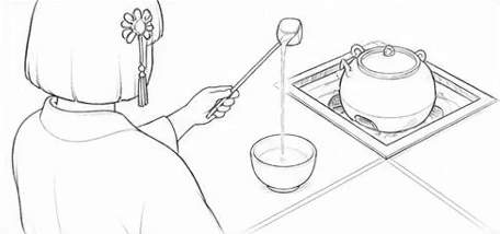 Pencil sketch: the host ladles hot water from an iron kettle into a small bowl