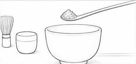 Pencil sketch: a scoop of matcha lifted over the bowl, a whisk and a caddy beside it
