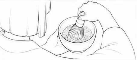 Pencil sketch: over the host's shoulder, the whisk working in the bowl