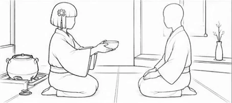 Pencil sketch: the host kneels and offers the bowl to a seated guest