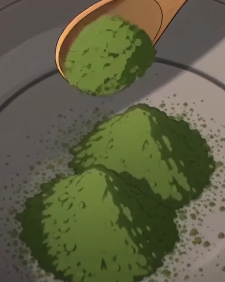 Two mounds of bright green matcha in a pale bowl, a bamboo scoop above them