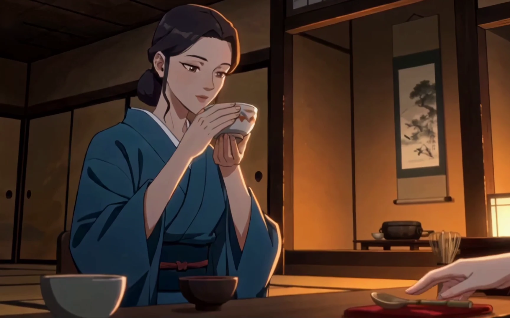 A guest in a blue kimono drinking from the bowl in a lamplit tea room, a scroll on the wall behind her