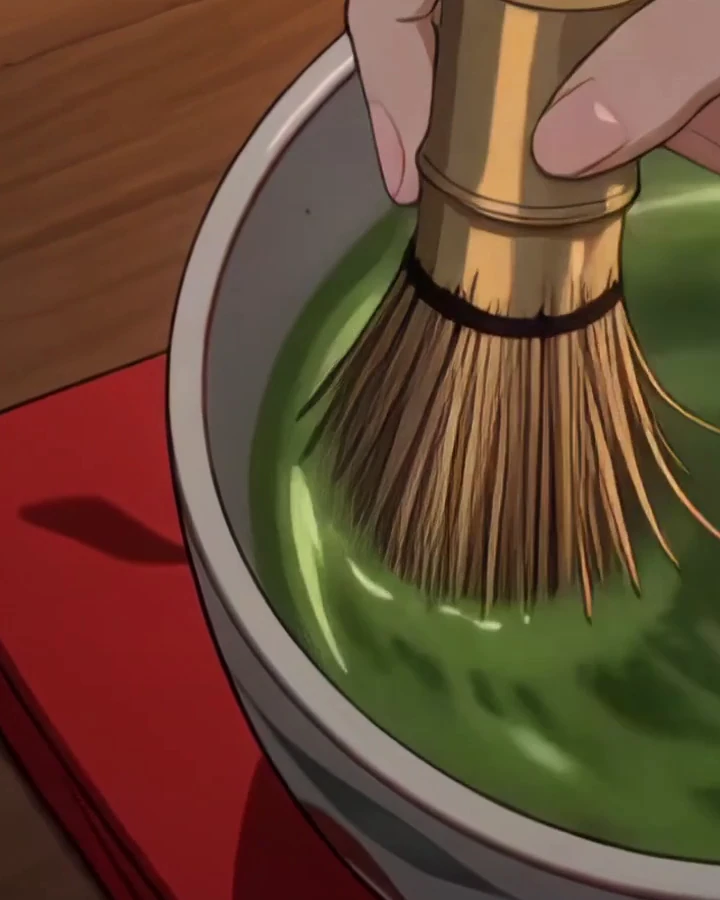 A bamboo whisk turning bright green matcha in a white bowl