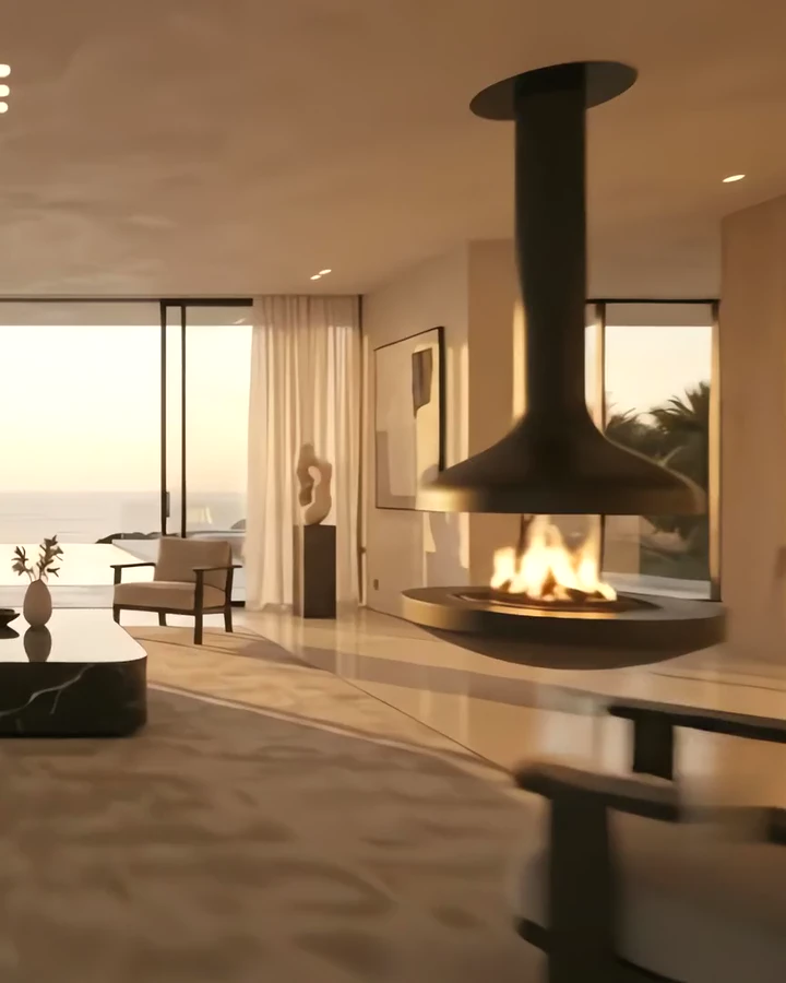A black hanging fireplace with an open fire in a bright living room by the sea