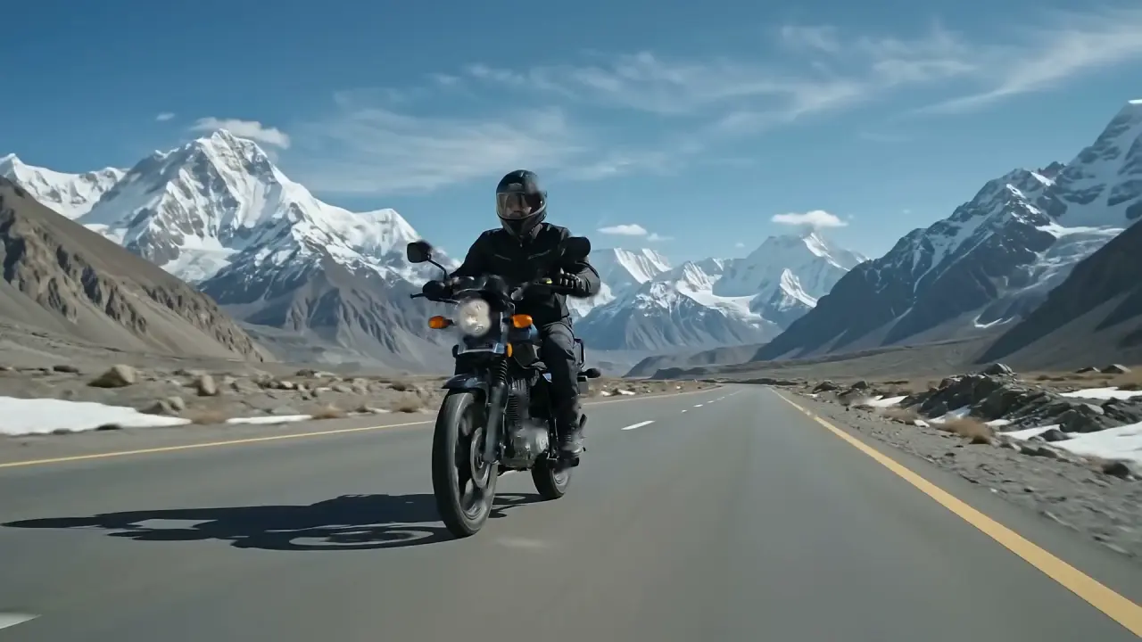 A rider in black on a classic motorcycle, coming down an empty highway between snow peaks