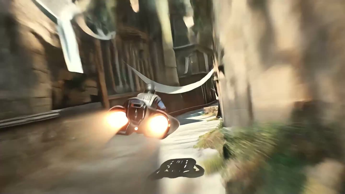 The speeder races down a narrow alley under hanging laundry