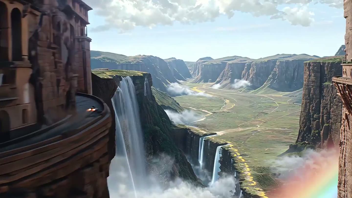 Leaving the cliff city: a valley, a waterfall and a rainbow