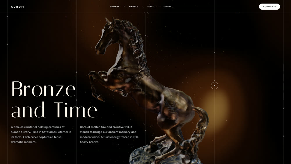 AURUM: a bronze horse sculpture lit against a dark ground, with the title Bronze and Time