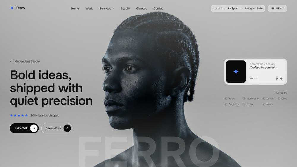 Ferro: a light studio landing page with a full-bleed portrait and the headline Bold ideas, shipped with quiet precision