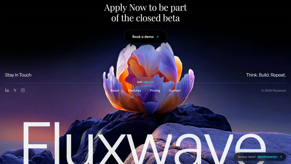 Fluxwave: a neon flower on a cliff at dusk with the Fluxwave wordmark set over live video