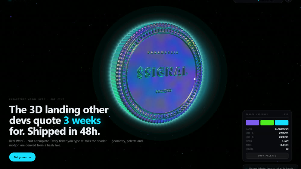 SIGNAL: a volumetric coin bearing the ticker $SIGNAL beside a panel of live shader parameters
